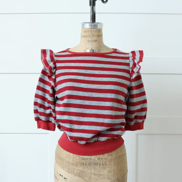 vintage 1980s sweatshirt top with ruffles • cute burgundy red & gray striped shirt 
