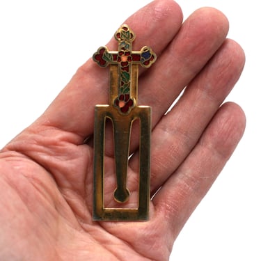 vintage gold metal bookmark with enameled cross 