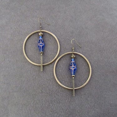 Bronze hoop earrings, bohemian blue goddess earrings 