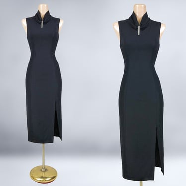 VINTAGE 90s Sexy Black Minimalist Sheath Dress with Rhinestone Accents by N.R.1 | 1990s Art-Deco High Neck Wiggle Cocktail Dress | VFG 