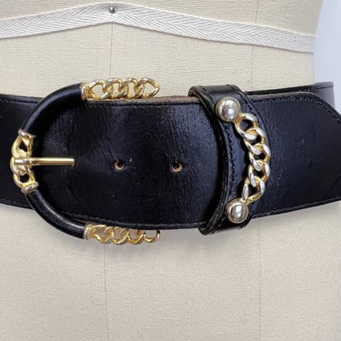 Vintage 80s Black Leather Belt with Gold Chain Detail | Size Medium | Large 