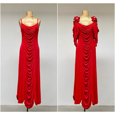Vintage 1970s Holly's Harp Crimson Jersey Maxi Dress w/Shrug, 70s Red Special Occasion Sheath w/Spaghetti Straps + Bolero Jacket, Small 