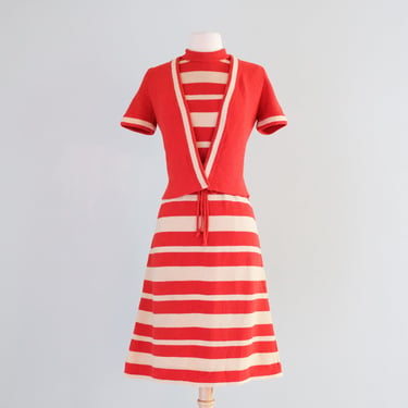 Charming 1960's Tomato Red Striped Knit Dress Set / M