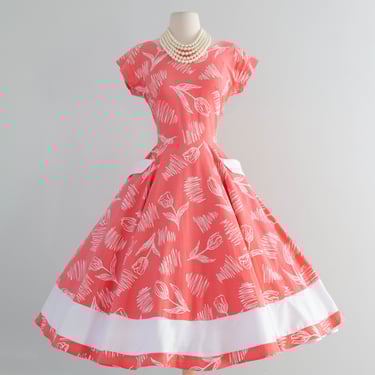 Darling 1950's Horrockses Cotton Day Dress In Pinky Coral With Pockets! / SM