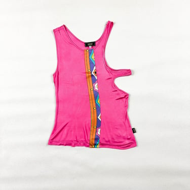 y2k Versace Jeans Couture Bright Pink Cut Out Tank Top / Neon Print / Tropical / Beach / Medium / 00s / Side Boob / Strappy / Bratz / Rave 