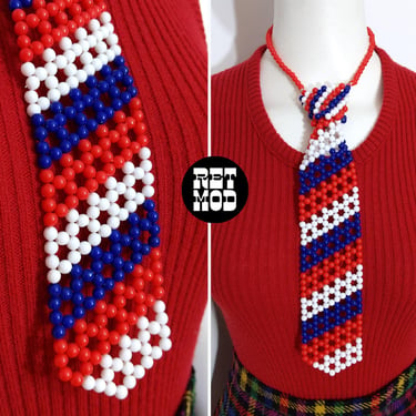 Beaded Red White Blue Tie Necklace - Avant Garde Vintage 60s 70s 