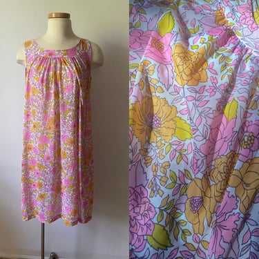 70s Pink and Yellow Floral Night Gown Dress 