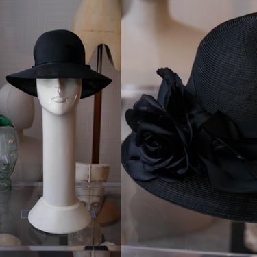 Vintage 60s FRANK OLIVE for Neiman Marcus Black Crushable Raffia Straw Cloche Flapper Sun Hat w/ Flower Ribbon | 1960s Designer Art Deco Hat 
