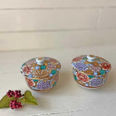 Vintage Kutani Gold And Floral Trinket Porcelain Box Pair // Vintage Porcelain Catch All For Desk, Catch All Jewelry // Perfect Gift 