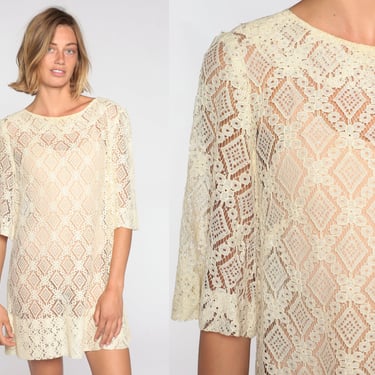 Sheer Lace Dress 60s 70s Cream Mod Mini Dress Boho Hippie Bohemian Wedding 1970s Ornate Cutwork Open Weave Vintage Shift Romantic Medium M 