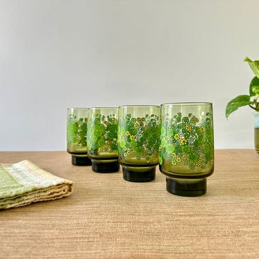 Vintage Libbey Meadow Green Floral Water Glasses - Set of 4 