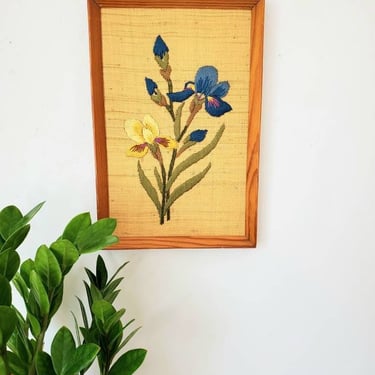 Vintage Framed Iris Embroidery Crewel on Burlap 