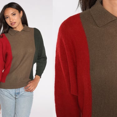 Color Block Sweater 80s Brown Striped Sweater Collared Slouchy Retro Colorblock Knit Pullover 1980s Olive Green Red Vintage Retro Small S 