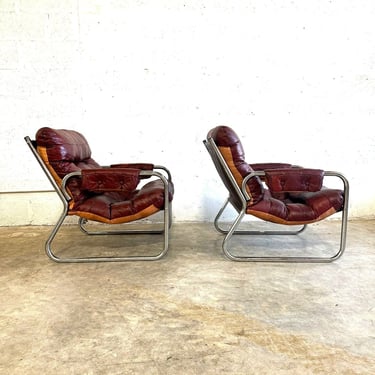 Pair Danish Modern Chrome Tubular Sling Leather Chairs 