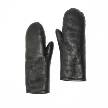 Black Leather Mittens in Black