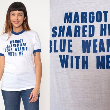 80s Ringer Tee Shirt Margot Shared Her Blue Weenie With Me Graphic Joke Vintage Tshirt Retro T Shirt Single Stitch Slogan Small 