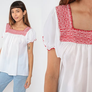White Embroidered Blouse 90s Mexican Top Peasant Hippie Red Geometric Floral Short Sleeve Tent Shirt Summer Cotton Vintage 1990s Medium M 