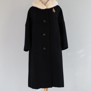 Chic 1960's Black Wool Coat With Ivory Mink Collar From Nicholas Ungar / ML