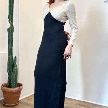 Vintage 1980s Dress / 80s St. John Studded Knit Maxi Dress / Black White ( small S ) 