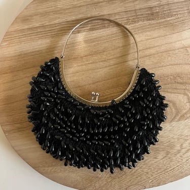 EXTYN Black Woven Fringe Beaded Snap Closure Round Bracelet Handle Mini Bag 