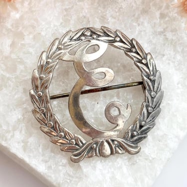 Wreath Accented Letter "E" Monogram Initial Sterling Silver Modernist Textured Mini Brooch Pin 