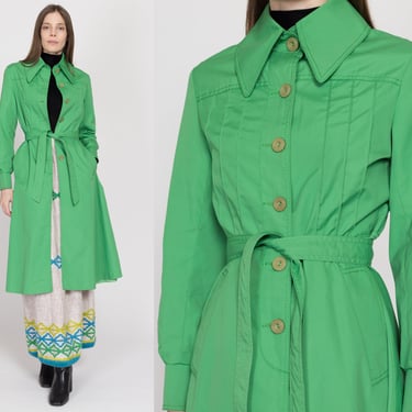 Small 70s Kelly Green Belted Trench Coat | Vintage Mod Button Up Long Jacket 