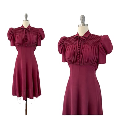 30s Merlot Crepe Dress / 1930s Vintage Day Dress / Medium / Size 8 to 10 