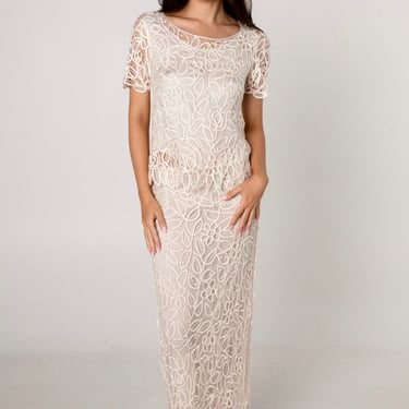 Ivory White Silk Crochet Top & Skirt Set
