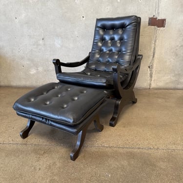 Mid Century Black Button Tuft Lounge Chair With Ottoman