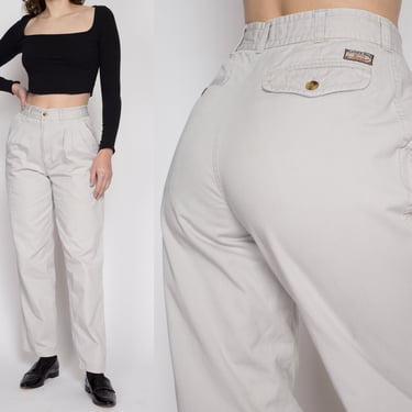 Small 80s Cotton Khaki High Waisted Pants 26" | Vintage Grey Off-White Pleated Straight Leg Trousers 