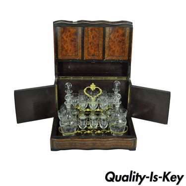 Antique French Brass Boulle Inlaid Tantalus Box & Glass Cordial Decanter Set