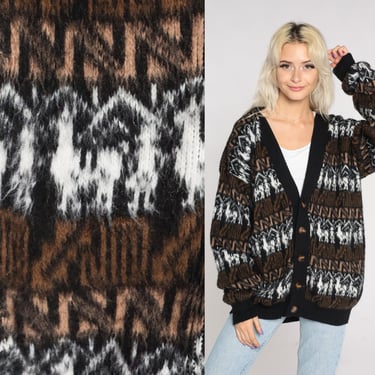 90s Alpaca Wool Cardigan Sweater Ecuadorian Sweater Geometric Sweater Boho 1990s Black Brown South American Bohemian Vintage xl 2xl xxl 