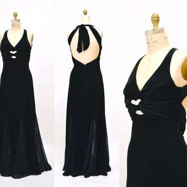 90s Vintage Black Velvet Evening Dress Gown Black velvet Halter neck small Medium// Black Stunning 90s 2000s Evening Gown Dress Velvet Gown 