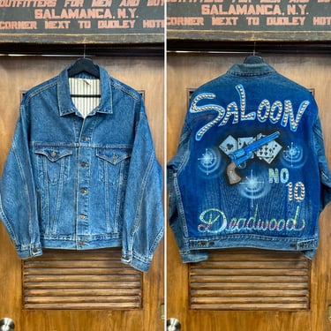 Vintage 1980’s “Alamo Style” Deadwood Saloon Studded Artwork Gambling Denim Trucker Jacket, 80’s Vintage Clothing 