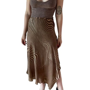 Womens High Waisted Silk Brown Tan Geometric Swirl Psychedelic Asymmetric Skirt 