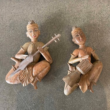 Pair Of Asian Vintage Hand Carved Wall Decor Musicians