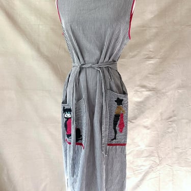 60s 70s Seersucker Shift Dress with Novelty Bullfighter Patch Pockets + Headscarf Size M / L 
