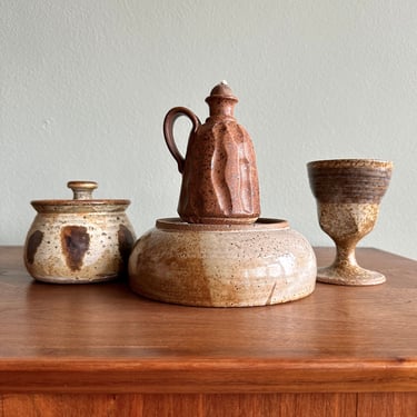 Instant collection of pottery / speckled 1970s style bowl, jam pot, goblet and oil lamp / signed studio ceramics 