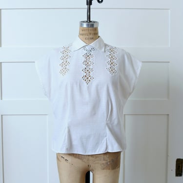 vintage 1950s white linen blouse • short sleeve open-work embroidered lace cap sleeve top 