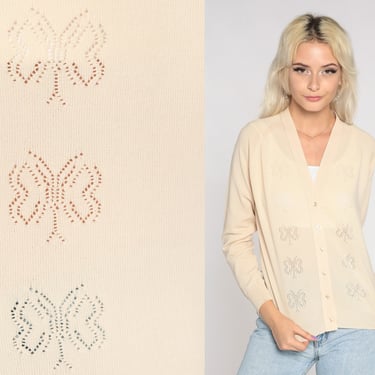 Cutout Butterfly Cardigan -- 70s Beige Sweater Button Up Boho Hippie Cutwork Lightweight V Neck Vintage 1970s Cut Out Bohemian Small S 