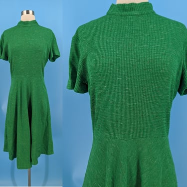 Vintage 70s Green Short Sleeve Fred Rothschild Dress - Medium Seventies Mod Mock Neck Dress 
