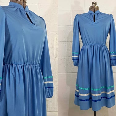 Vintage Blue Striped Ribbon Trim Dress Route One Petite Miss Keyhole Neckline Fit & Flare Long Sleeve Union Made 1970s 1980s Large 