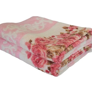 Vintage 70s Set of Two Pink and White Rose Intarsia Woven Cotton Bath Towels - Made in USA 