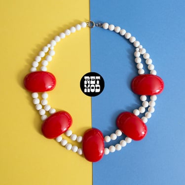 Pop Art Statement Vintage 70s 80s Red &amp; White Beaded Necklace 
