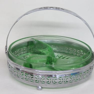 Green Depression Glass Divided Candy Relish Dish with Silver Metal Basket 3804B
