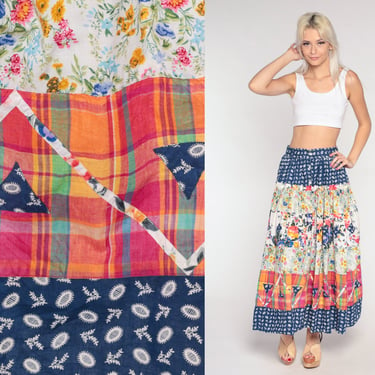90s Floral Skirt Tiered Button Up Maxi Skirt Blue Plaid Boho Skirt Flower Print 1990s Long Vintage Hippie Patchwork Festival Small 