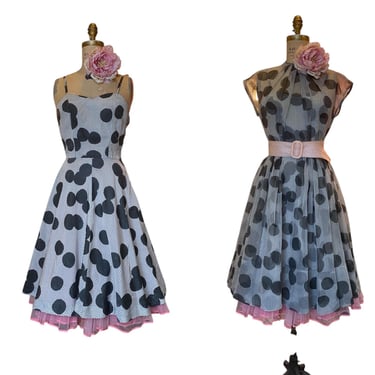 vintage 1950s black and white polka dot fit and flare dress small 2 piece maisel 