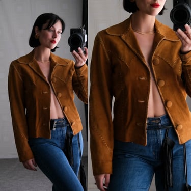 Vintage 1960s NORTH BEACH LEATHER Saddle Tan Suede Jacket w/ Whip Stitch Detail | Hand Made | Unisex Cowhide Suede Leather Western Ware 
