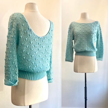 Vintage 50s 60s Crochet Knit Sweater / Low Back / Ice Blue Acrylic / Pin Up Vibes / Volup 