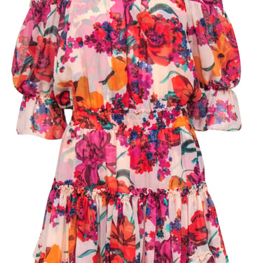 MISA Los Angeles - Peach & Multicolor Floral Off-The-Shoulder Tiered Dress Sz M